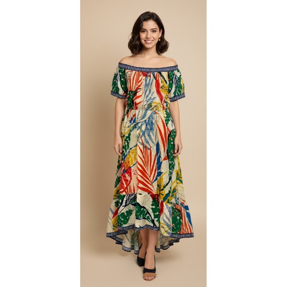 Flying Tomato Dresses & Skirts - Flying Tomato Maxi‎ Dress Womens L Multi Tropical Leaf High Low Off the Shoulder